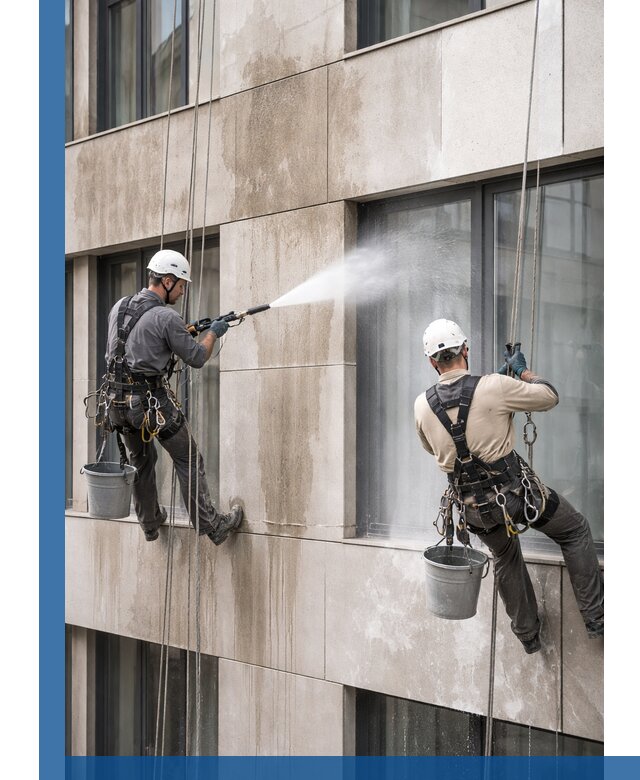 Послестроительная мойка фасада промышленным альпинизмом в Дальнереченске