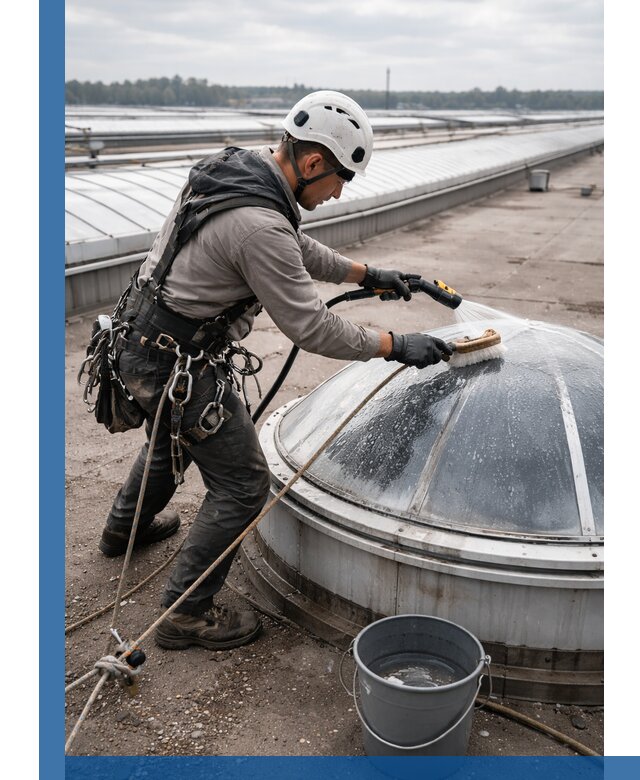 Мойка зенитных фонарей на кровле для промышленных объектов в Дальнереченске