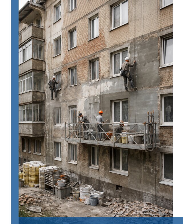 Капитальный ремонт фасада в Дальнереченске с восстановлением и гидроизоляцией