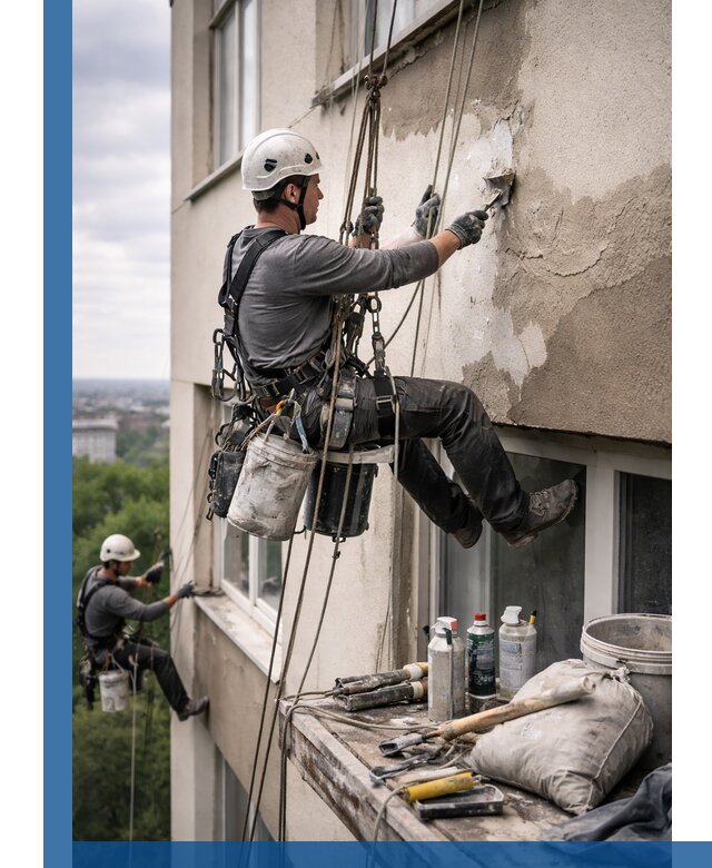 Косметический ремонт фасада зданий в Дальнереченске промышленными альпинистами