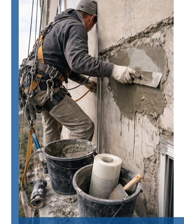 Ремонт бетонных элементов фасада промышленными альпинистами в Дальнереченске