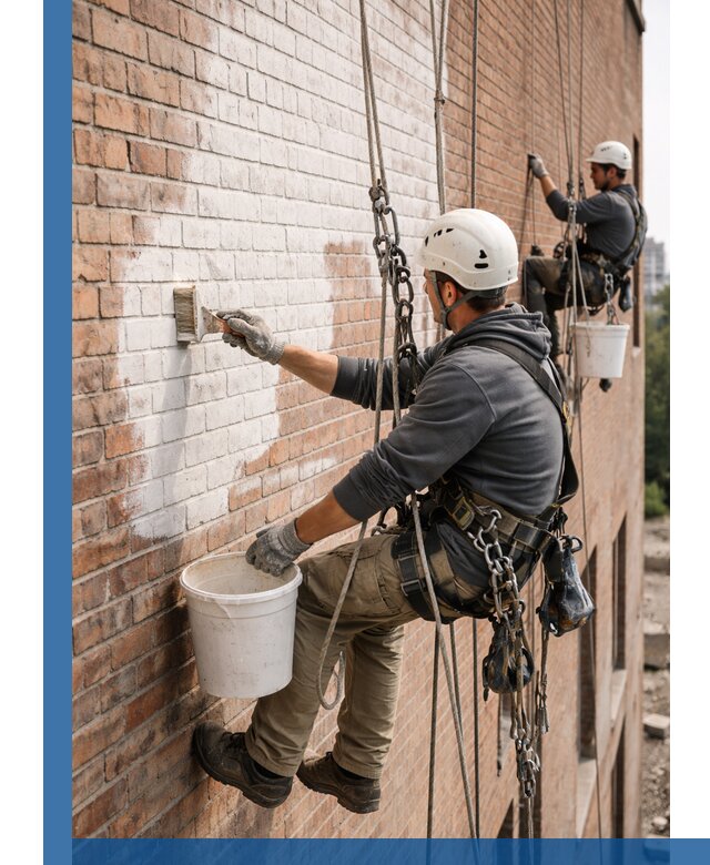 Покраска кирпичного фасада с доступным альпинистским сервисом в Дальнереченске
