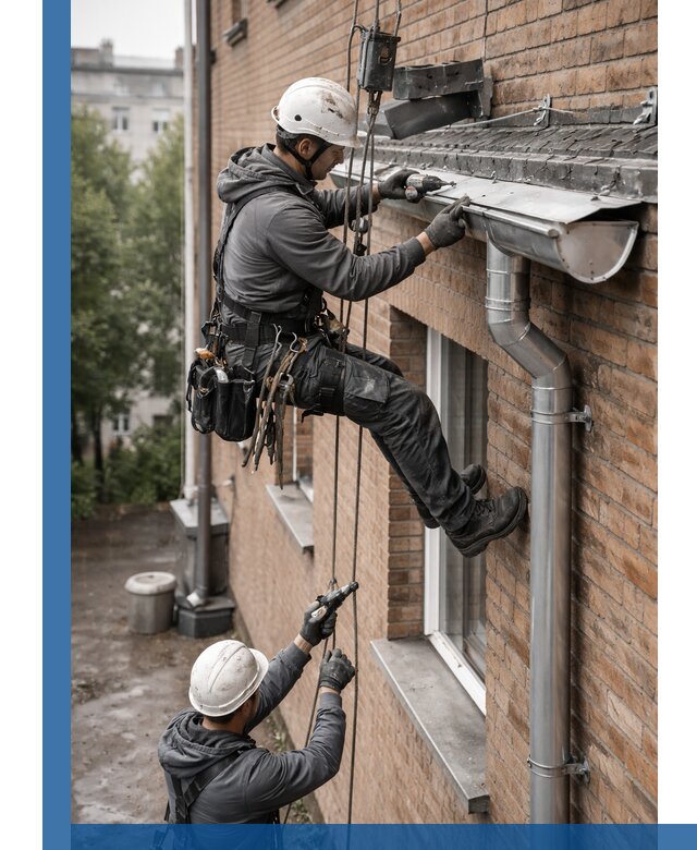 Монтаж водосточной системы на здании в Дальнереченске под ключ