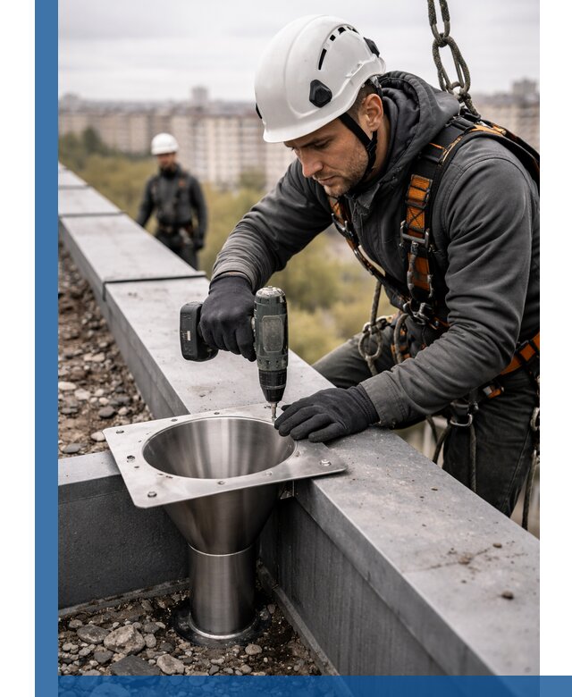 Монтаж водосточных воронок в Дальнереченске для промышленных зданий