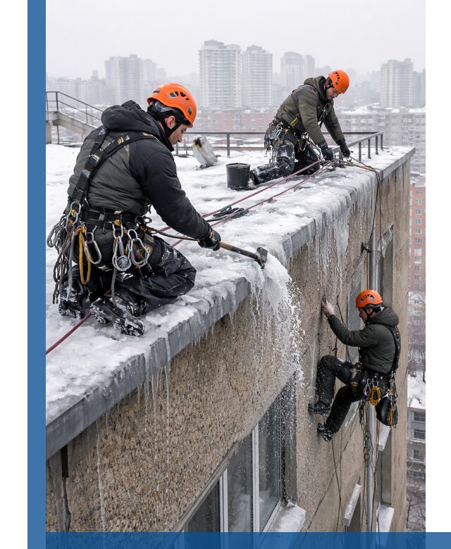 Удаление наледи с кровли в Дальнереченске промышленными альпинистами