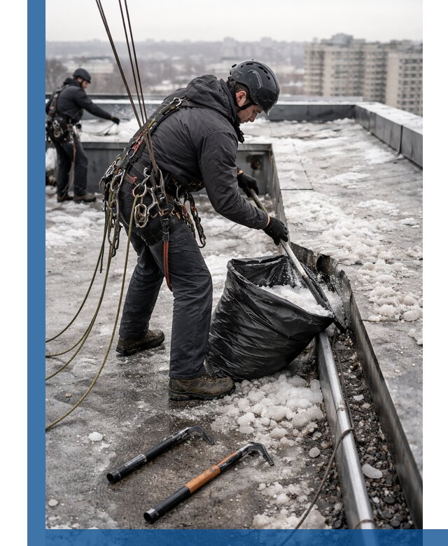 Аварийная очистка кровли в Дальнереченске от промальпинистов