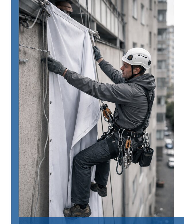 Замена баннерного полотна промышленными альпинистами в Дальнереченске