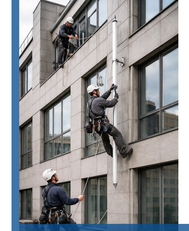 Монтаж флагштока на фасаде здания с креплением и герметикой в Дальнереченске
