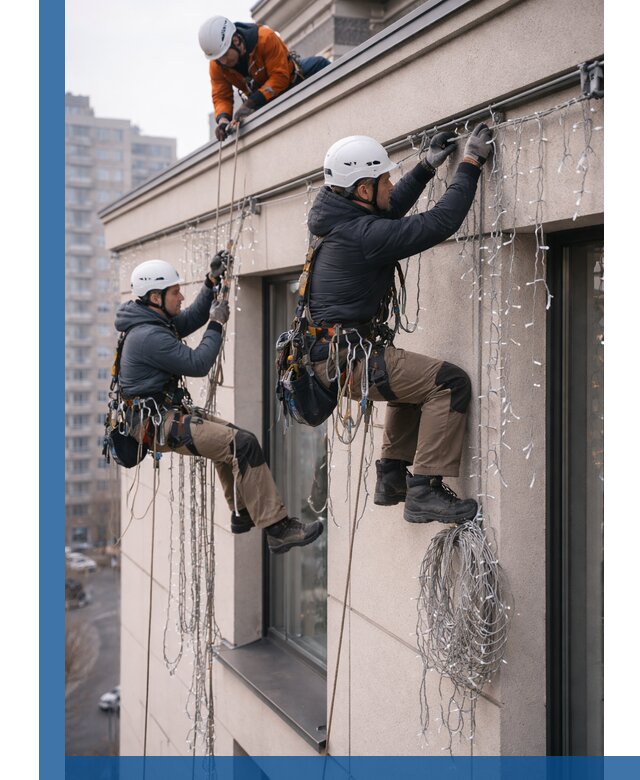 Монтаж праздничных гирлянд на фасаде в Дальнереченске для зданий