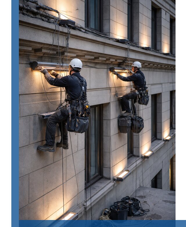 Монтаж архитектурной подсветки фасадов зданий в Дальнереченске