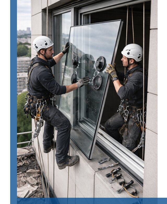 Замена стеклопакетов на высоте с промышленными альпинистами в Дальнереченске