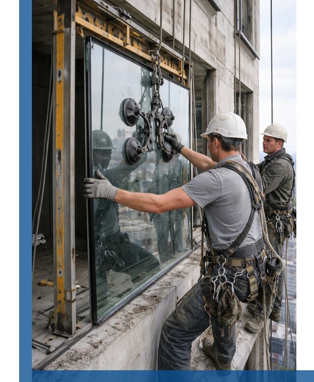 Монтаж стеклопакетов на высоте в Дальнереченске с промышленным альпинизмом
