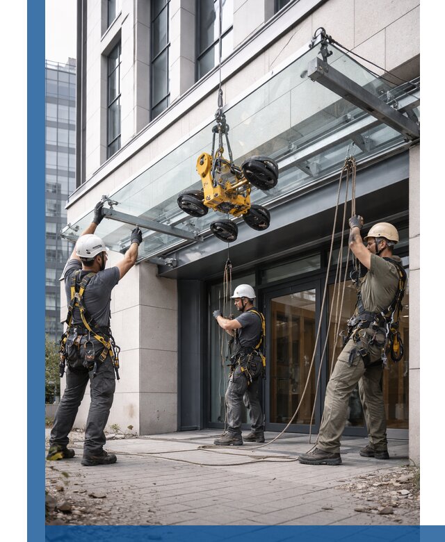 Монтаж стеклянных козырьков под ключ в Дальнереченске для зданий