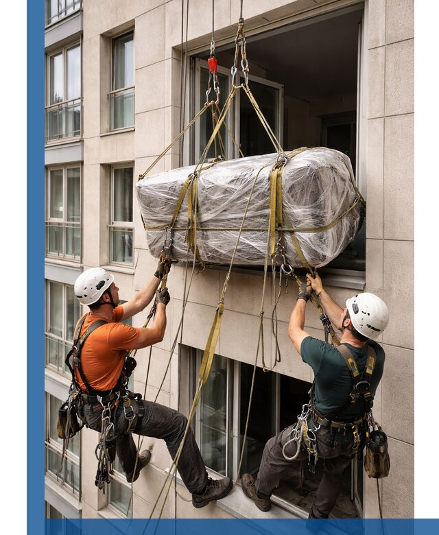 Подъем грузов через окно в Дальнереченске промышленными альпинистами