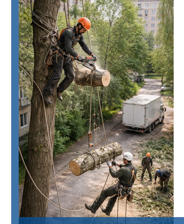 Спил деревьев альпинистами в Дальнереченске, безопасно и без повреждений