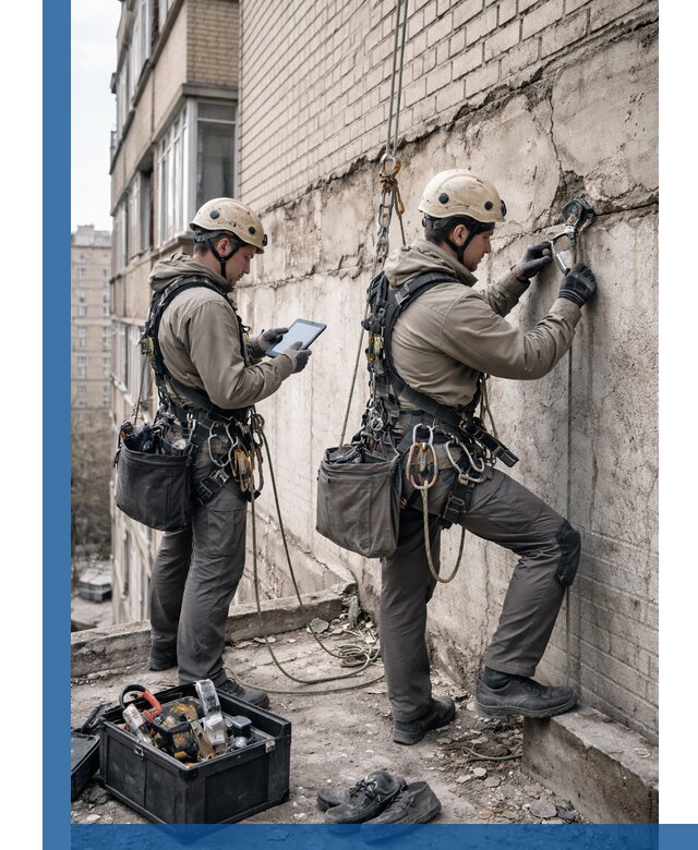 Обследование фасада промышленными альпинистами в Дальнереченске